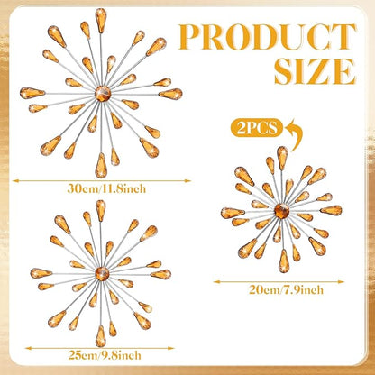Hicarer 4 Pcs Starburst Wall Decor Bling Wall Art Crystal Teardrop 3D Hanging Rhinestone Radial Metal Artwork Modern Accent Sculptures Decorations for Living Room Home Office Bedroom(Amber)
