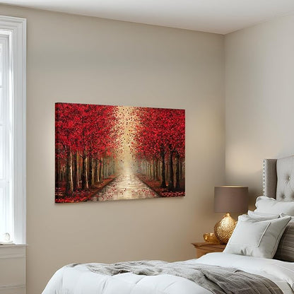 NutArtPic Forest Path Canvas Wall Art Red Tree Painting Black Red Landscape Art Prints Fantasy Tree Artwork Nature Pictures Prints 24''x36''