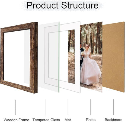 iRahmen 10x12 Picture Frame with Mat 8x10 - High Definition Tempered Glass Wooden Photo Frames for Tabletop Display and Wall Mounting (Brown, Set of 2)