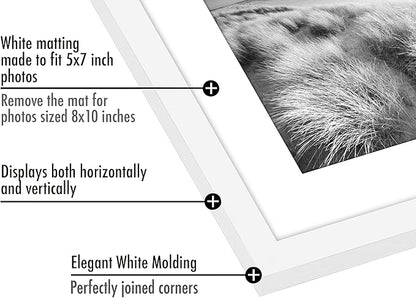 Americanflat 8x10 Picture Frame with Polished Plexiglass - Set of 5 - Use as 5x7 Frame with Mat or Display 8x10 Photo Without Mat - Galleria Collection - Picture Frames for Tabletop and Wall - White