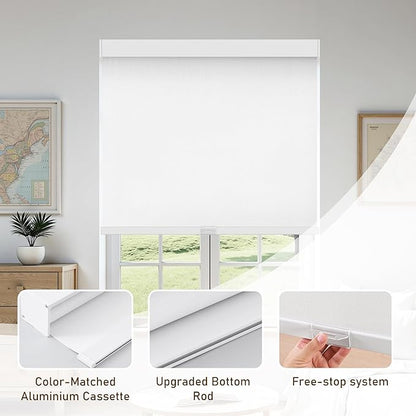 AOSKY Linen Roller Blinds Shades for Indoor Windows Pull Down Cordless Blackout Black Out Window Shade 42 Inch Blinds for Home White