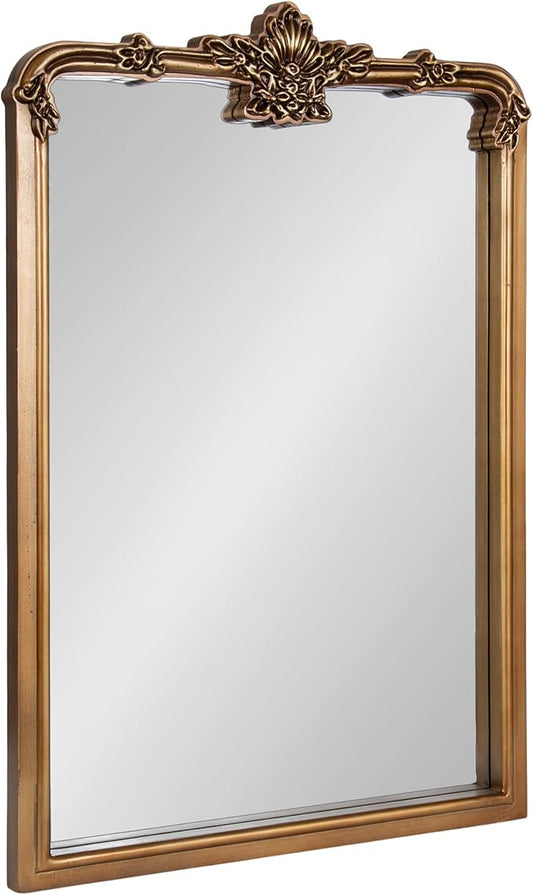 Kate and Laurel Elowyn Traditional Ornate Arched Mirror, 25 x 36, Gold, Vintage Arch Mirror with Baroque Details for Use as Bathroom Mirror or Fireplace Mantel Mirror