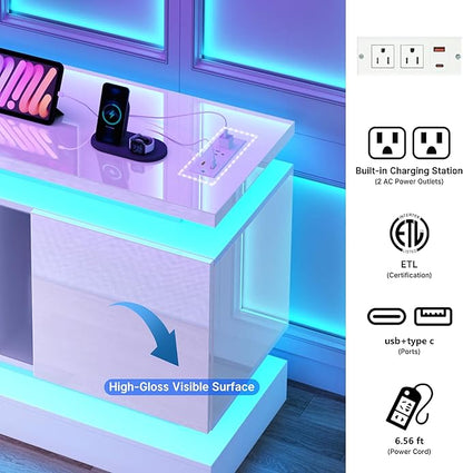 chartustriable 81IN LED TV Stands w/Power Outlet for 90/80/75 Inch TVs,High Glossy Modern Tall Entertainment Center TV Media Console Gaming with 2 Storage Cabinets,Dual LED Lights,White