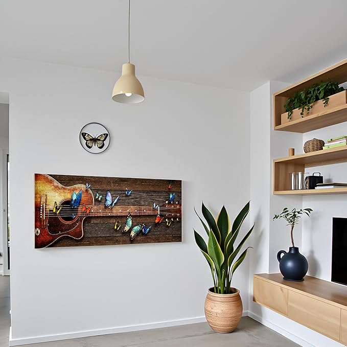 sechars Acoustic Guitar Wall Art Guitar with Butterflies Painting Canvas Print Vintage Music Room Decor Large 20"x48"