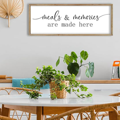 FZMHASLWW Farmhouse Kitchen Wall Decor Quote Meals and Memories Are Made Here Sign Art 32"×12" Vintage Cozy Home for Dining Room Large Rustic Wooden Framed Wall Hanging Decoration (Wood)