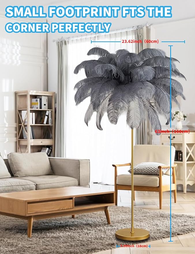 Feather Floor Lamp,Fluffy Ostrich Feather Floor Lamp for Bedroom,3 Color Temperatures Led Corner Modern Floor Lamps for Living Room Christmas Home Decor House Warming Gifts,63″ Height (Grey)