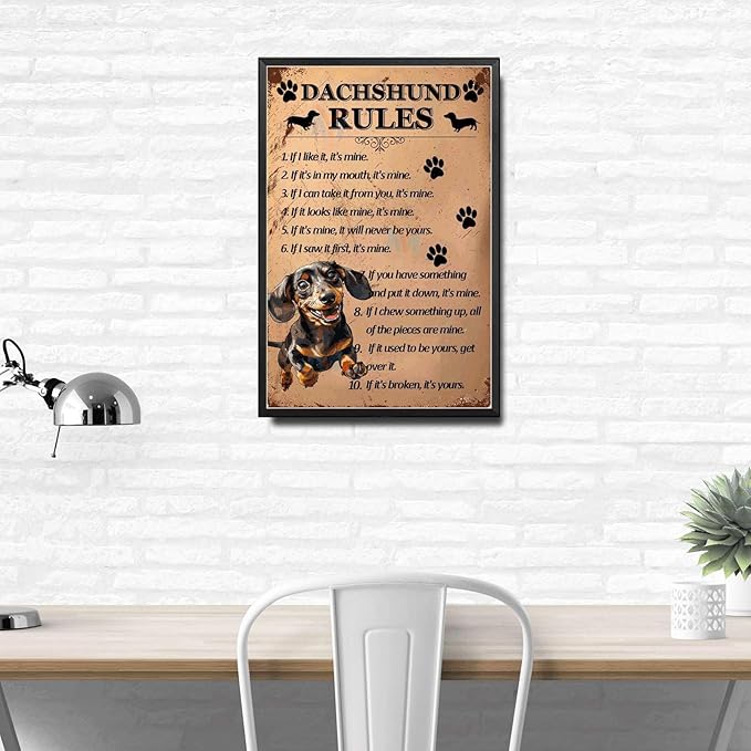 Metal Sign Tin Sign Vintage Wall Art Dachshund Rules Wall Art for Room 12×16 Inches with Metal Frame