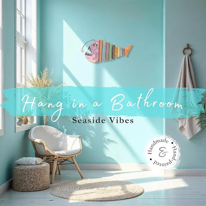 Driftwood Fish Nautical Wall Decor - Handmade Wooden Rustic Coastal Wall Art for Living Room, Bedroom, Office, Bathroom - Ocean Beach Decoration (Blinker)