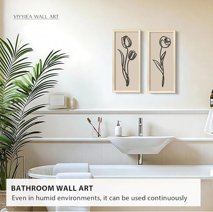 VIYYIEA Wooden 3d Floral Bathroom Wall Decor, Ready-to-Hang Framed Wall Art For Living Room, Bedroom and Office, Boho Botanical Farmhouse Decoration, Lightweight but Valuable Gift (7x16 In, set of 2)
