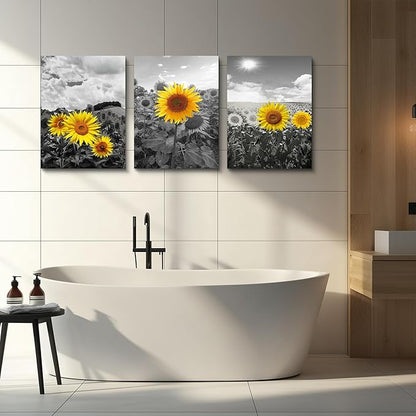 Large Size Canvas Wall Art For Living Room Family Bedroom Wall Painting Decoration,Bathroom Wall Decor Kitchen Home Decoration Black And White Sunflower Flowerswall Pictures Artwork,20x28 3 Piece