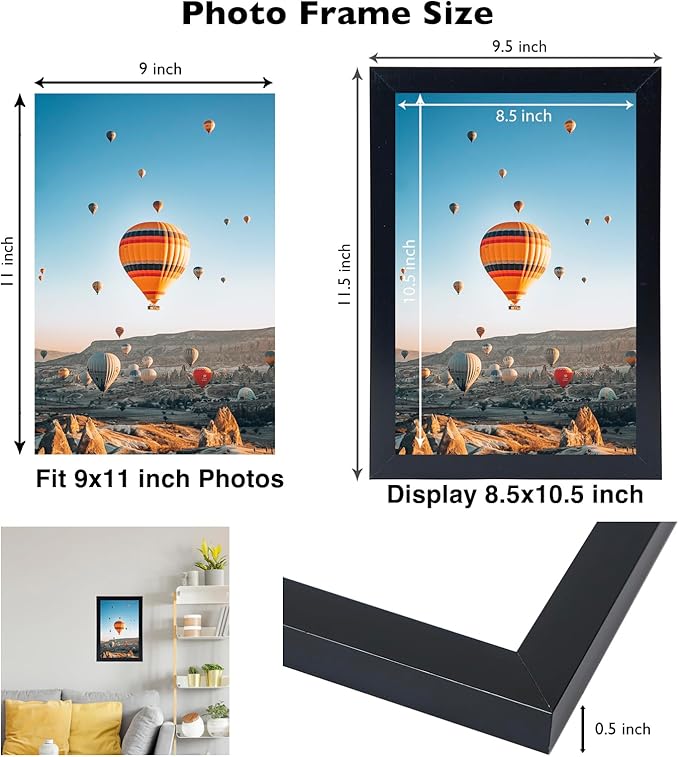 JCJMY 9x11 Picture Frame Set of 6 Black for Wall Hanging or Tabletop, Wall Mounting Horizontally or Vertically, 9 x 11 Wall Gallery Poster Photo Frames for 9 by 11 Photo,6 Pack, Black