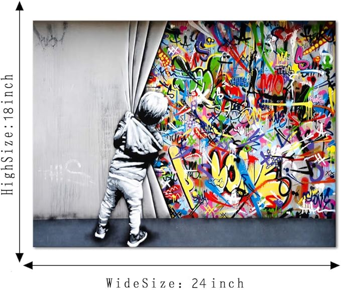Banksy Graffiti Wall Art Behind The Curtain Classic Street Art Printing Colorful Canvas Paintings Posters and Pictures Prints Framed Modern Home Decor Artwork for Living Room(24''W x 18''H)