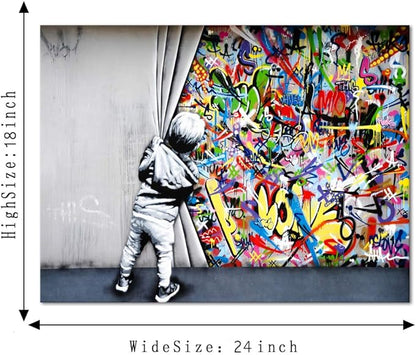 Banksy Graffiti Wall Art Behind The Curtain Classic Street Art Printing Colorful Canvas Paintings Posters and Pictures Prints Framed Modern Home Decor Artwork for Living Room(24''W x 18''H)