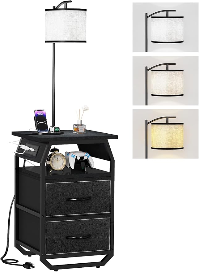 runjuly Floor Lamp with Table, End Tables with Lamps Attached 3-Color Temperature Bulb, Side Table with Lamp with 2 Drawers & Charging, Lamps Tables Combo for Bedroom, Dorm, Apartment - Black