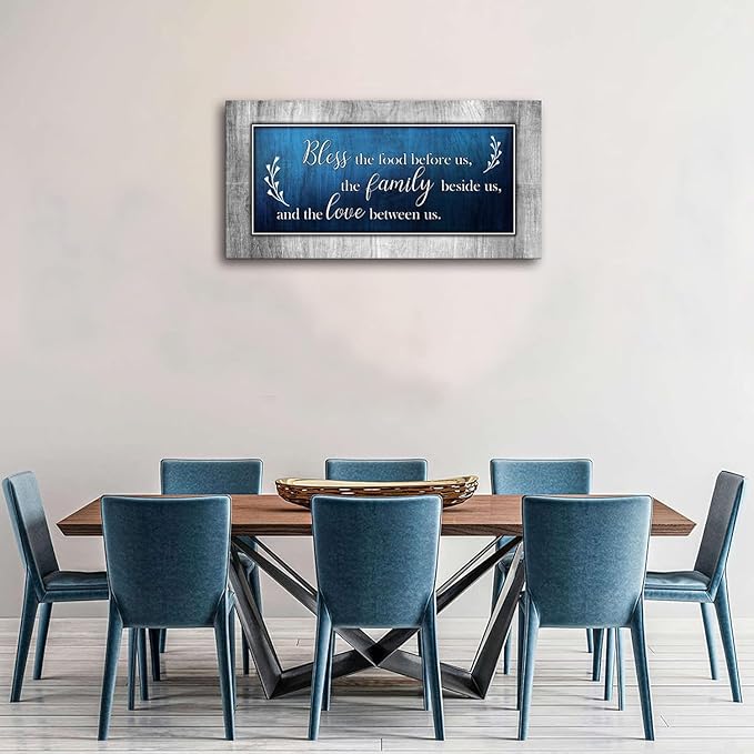 Canvas Wall Art for Dining Room Decor-Blue and Grey Canvas Prints Bless The Food Quote Wall Pictures Painting Framed Artwork for Home Living Room Bedroom Kitchen Decoration 20"x40"