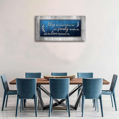 Canvas Wall Art for Dining Room Decor-Blue and Grey Canvas Prints Bless The Food Quote Wall Pictures Painting Framed Artwork for Home Living Room Bedroom Kitchen Decoration 20"x40"