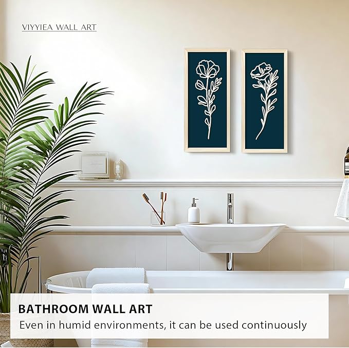 VIYYIEA Wooden 3d Floral Bathroom Wall Decor, Ready-to-Hang Framed Wall Art For Living Room, Bedroom and Office, Boho Botanical Farmhouse Decoration, Lightweight but Valuable Gift (7x16 In, set of 2)
