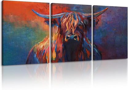 Cow Canvas Wall Art Abstract Highland Cow Painting 3 Panels Texas Longhorn Posters and Prints for Living Room Home Office Bar Toilet Bedroom Guest Room Decoration, Framed 12W'' x 16H'' x 3pcs