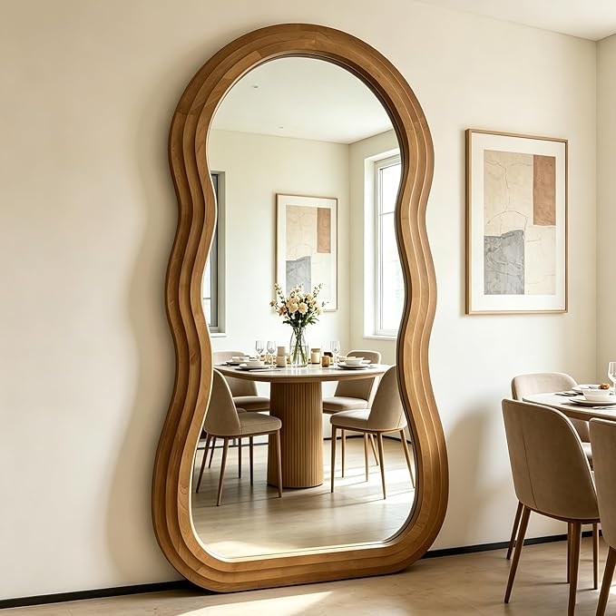 Wavy Full Length Mirror, 71"x33.5" Oversized Aesthetic Floor Mirrors with Triple Layer Solid Wood Frame, Premium Organic Full Body Mirror for Living Room Entryway Cloakroom, Leaning/Hanging
