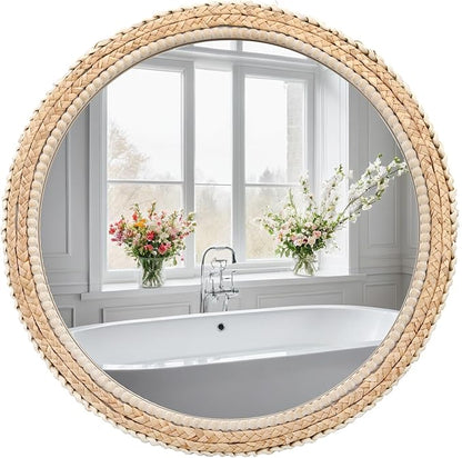 FUIN 24" Rattan and Wood Round Mirror for Boho Bathroom, Entryway, Living Room Decor