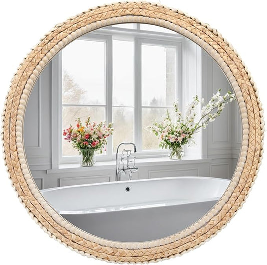 FUIN 24" Rattan and Wood Round Mirror for Boho Bathroom, Entryway, Living Room Decor