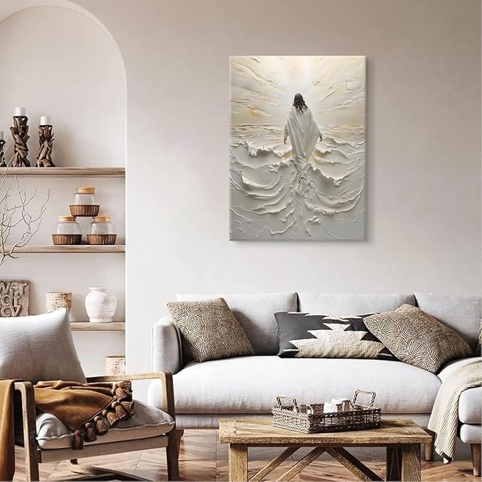 Abstract Jesus Walking on Water Canvas Wall Art Christian Spiritual Wall Decor Pictures Divine Light Modern Religious Posters Prints for Living Room Bedroom Prayer Room Home Decor 24x36 In canvas