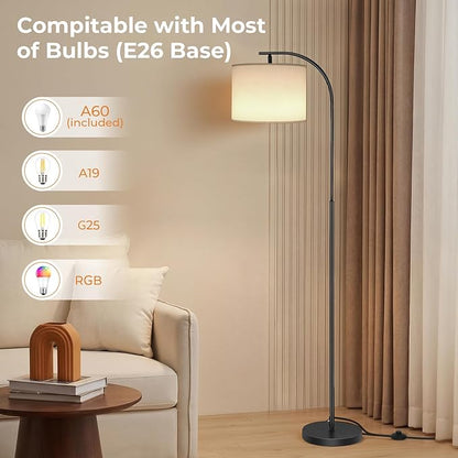 SIBRILLE Floor Lamp with Linen Shade, Arc Dimmable Tall Standing Lamp with Remote Control, Modern Floor Reading Light for Living Room Bedroom Office Corner, 9W LED Bulb Included