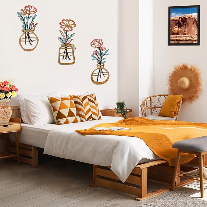 Metal-Wall-Decor Living Room - 3 Pcs Metal Bathroom Wall Art Floral Vase and Picture Frame for Decoration- Hanging Display Wall Decor Art for Home Dining Room Bedroom Kitchen Farmhouse,Orange
