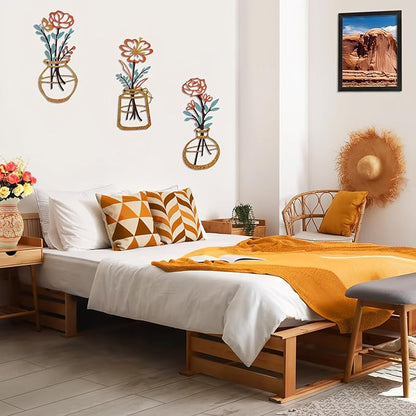 Metal-Wall-Decor Living Room - 3 Pcs Metal Bathroom Wall Art Floral Vase and Picture Frame for Decoration- Hanging Display Wall Decor Art for Home Dining Room Bedroom Kitchen Farmhouse,Orange