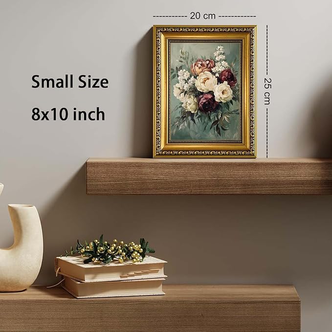 YD&YZY Gold Framed Vintage Wall Art Canvas Still Life Sage Green Flower Farmhouse Print Moody Floral Wall Decor Rustic Cottagecor Painting Picture Print for Dining Room Bedroom 8x10 inch Small Framed
