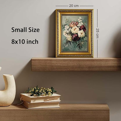 YD&YZY Gold Framed Vintage Wall Art Canvas Still Life Sage Green Flower Farmhouse Print Moody Floral Wall Decor Rustic Cottagecor Painting Picture Print for Dining Room Bedroom 8x10 inch Small Framed