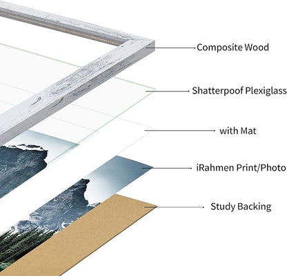 iRahmen 16x24 Picture Frame Set of 2 with Plexiglass, Distressed White Poster Frame Display Picture 12x18 with Mat or 16 x 24 Without Mat, Wood Photo Frame for Wall Mounting