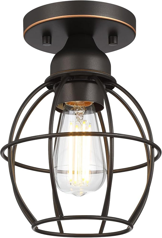 Farmhouse Ceiling Light Fixture, Vintage Semi Flush Mount Ceiling Light, Small Metal Cage Lighting Lamp for Hallway Entryway Kitchen Porch, Oil Rubbed Bronze Finish, 1-Pack