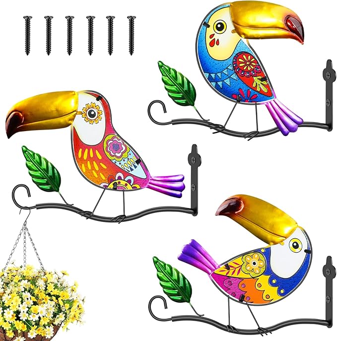 3PCS Metal Owl Wall Art Decor Hooks, 3D Colorful Stained Glass Hanger for Flower Baskets Wind Chimes Lanterns, Indoor & Outdoor wall Decor for Garden Porch Living Room Balcony(Toucan)