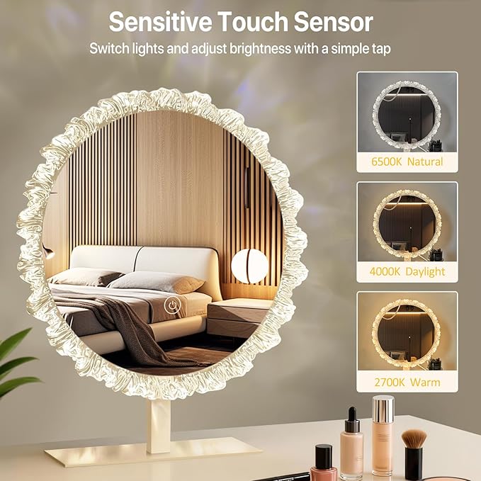 Crystal Round Vanity Mirror with Lights, 16 Inch Dimmable LED Makeup Mirror for Women, 3 Color Temperatures, Touch Switch, Silver Frame, Ideal for Girlfriend & Makeup Lovers