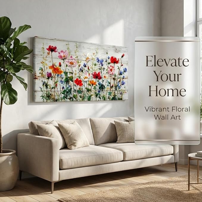 BQVCT Rustic Wildflower Canvas Wall Art 24x48 Inch on Distressed Wood Colorful Floral Print Red Pink Blue Orange Flowers Painting Farmhouse Home Decor for Living Room Bedroom