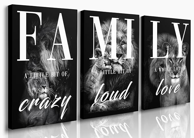 GUBIYU Large Family Wall Decor Set of 3 Modern Lion Wall Art 24x36 Inch Black and Gray