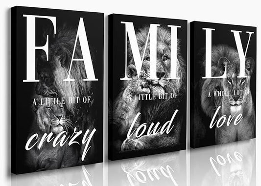 GUBIYU Large Family Wall Decor Set of 3 Modern Lion Wall Art 24x36 Inch Black and Gray