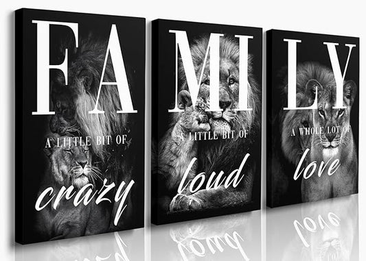 GUBIYU Farmhouse Family Wall Art Set of 3 Home Living Room Dining Room Wall Decor Animal Lion Art Black Gray Rustic Wood Framed Modern Wall Decor for Living Room,Family Signs Prints Canvas 12"x16"