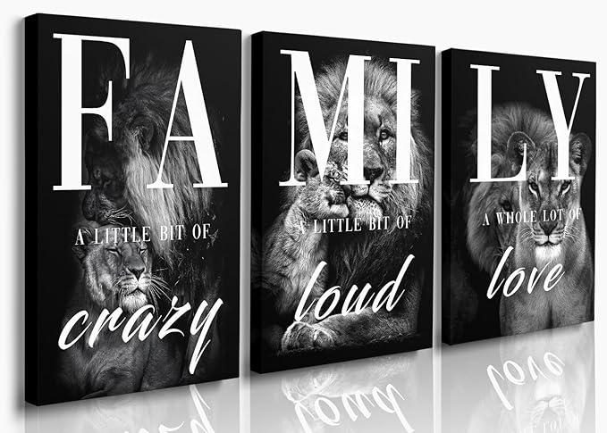 GUBIYU Farmhouse Family Wall Art Set of 3 Home Living Room Dining Room Wall Decor Animal Lion Art Black Gray Rustic Wood Framed Modern Wall Decor for Living Room,Family Signs Prints Canvas 20"X28"