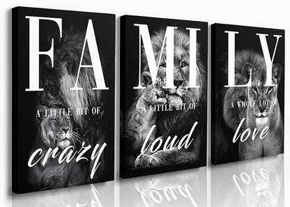 GUBIYU Farmhouse Family Wall Art Set of 3 Home Living Room Dining Room Wall Decor Animal Lion Art Black Gray Rustic Wood Framed Modern Wall Decor for Living Room,Family Signs Prints Canvas 20"X28"