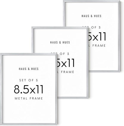 HAUS AND HUES 8.5x11 Silver Metal Picture Frames - Features Premium Aluminum, Vertical & Horizontal Hang, Shatterproof Plexiglass - Perfect for Home, Room, Office (8.5x11 in, Silver, Set of 3)