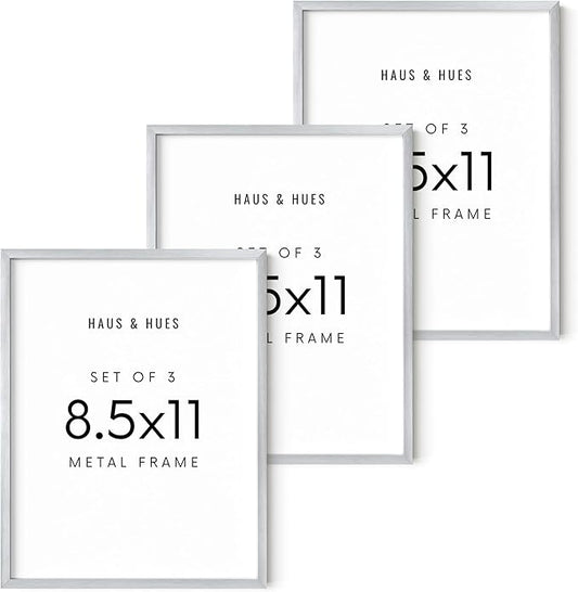 HAUS AND HUES 8.5x11 Silver Metal Picture Frames - Features Premium Aluminum, Vertical & Horizontal Hang, Shatterproof Plexiglass - Perfect for Home, Room, Office (8.5x11 in, Silver, Set of 3)
