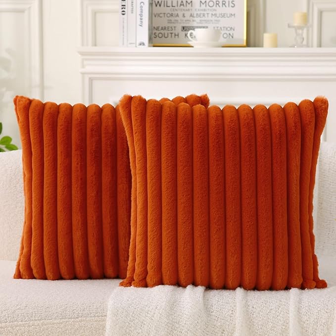 Decorative Throw Pillow with Inserts, Set of 2 Soft Faux Fur Throw Pillows, Square Boho Striped Pillow for Couch, Bed, Sofa Decor (Brownish-Orange, 18" x 18"(Pack of 2))