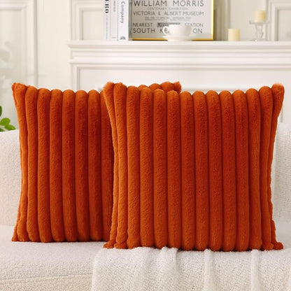 Decorative Throw Pillow with Inserts, Set of 2 Soft Faux Fur Throw Pillows, Square Boho Striped Pillow for Couch, Bed, Sofa Decor (Brownish-Orange, 18" x 18"(Pack of 2))