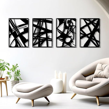 Zzbakress 4 Pieces Abstract Metal Wall Art, Minimalist Art Decoration, Paintings Wall Decor, 3D Structure Sculptures Decor for Living Room Bedroom Bathroom Office (Black style 1)