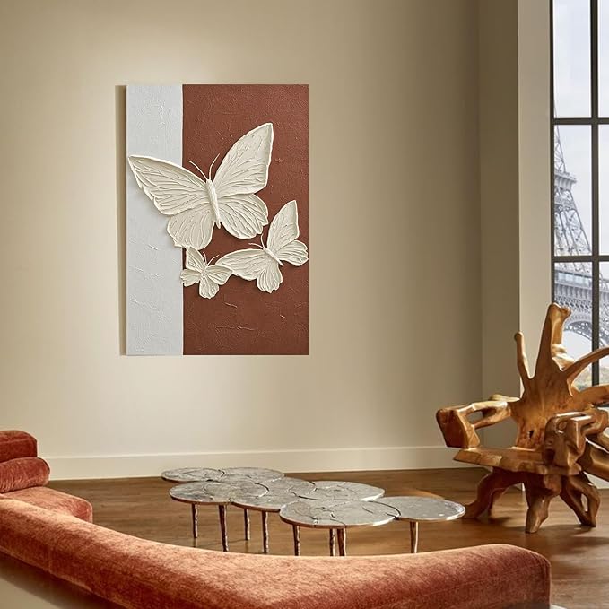 JUHOME Abstract Butterfly Canvas Wall Art,24x36 Inch Hand-Painted Textured Vertical Oil Painting,Minimalist White Butterfly Artwork for Living Room Bedroom Office, Large Original Wall Decor on Canvas