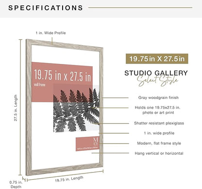 MCS Studio Gallery 19.75x27.5 Poster Frame Grey Woodgrain Engineered Wood, Vertical & Horizontal Wall Hanging Large Picture Frame for Photos, Posters & Art Prints (1-Pack)