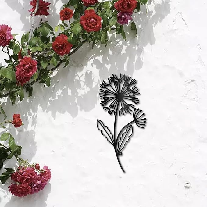 CREATCABIN Dandelion Metal Wall Art Iron Flower Wall Decor Hanging Black Hollow Out Symmetry Silhouette Ornament Iron Sign for Yoga Studio Indoor Outdoor Home Office Decoration Gift Black 11.8x6Inch