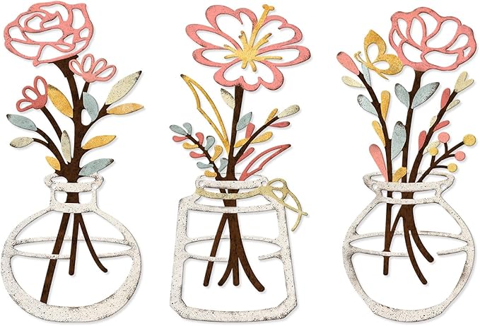 ARTINME 3 Pieces Metal Flowers Wall Arts - Rustic Farmhouse Decor Minimalist Flower Wall Decors for Living Room Bathroom Kitchen Bedroom Dining Room - Housewarming Gifts (Beige)